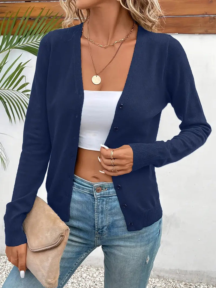 Women's fine knit V-neck button cardigan in navy blue
