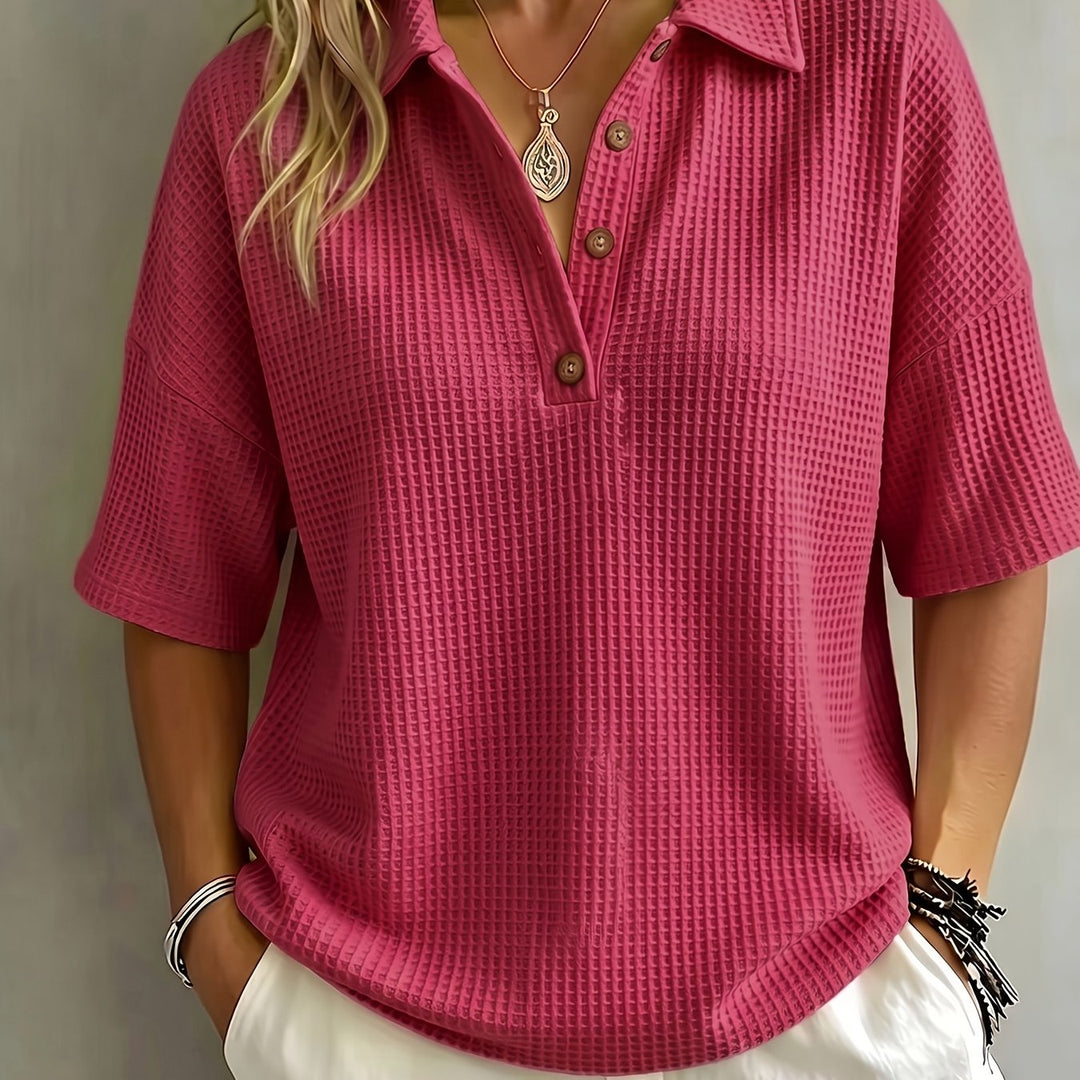 Oversized Waffle-Knit Polo Top - Rose Pink