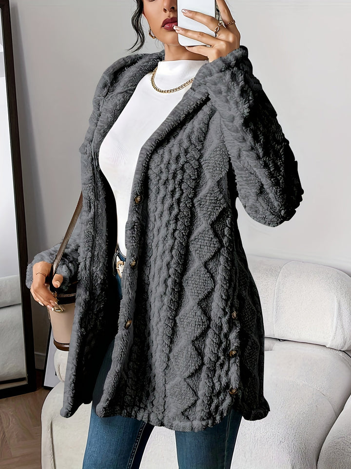 Grey teddy fleece button-front jacket for women