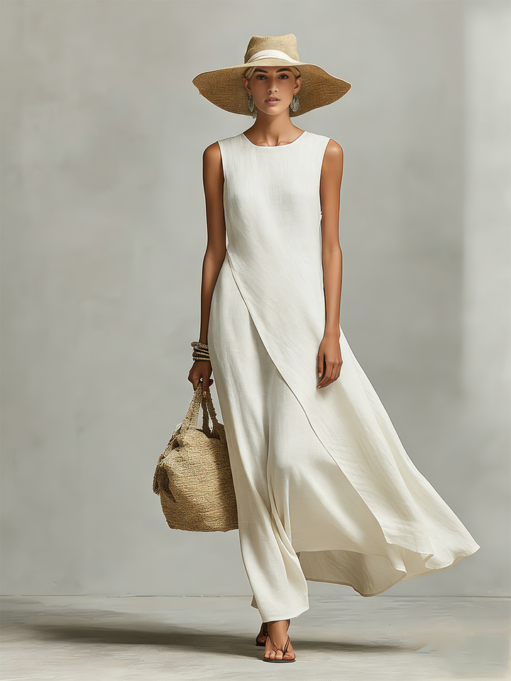 Women's asymmetric hem sleeveless linen maxi dress in ivory, detail