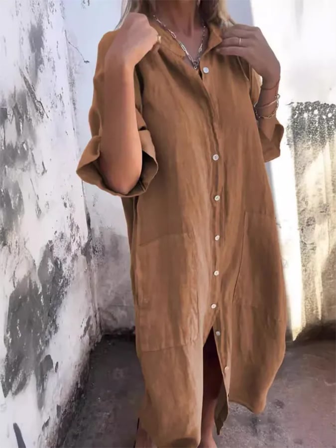 Button-Down Rolled Sleeve Midi Shirt Dress - Brown