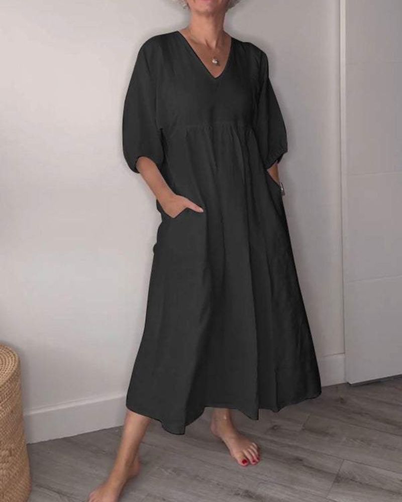 Elegant Linnen Maxi Dress with V-Neck