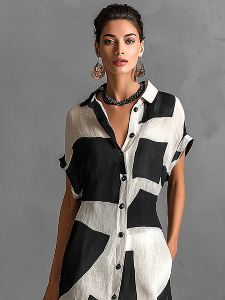Women's geometric print button down short sleeve linen maxi dress, detail