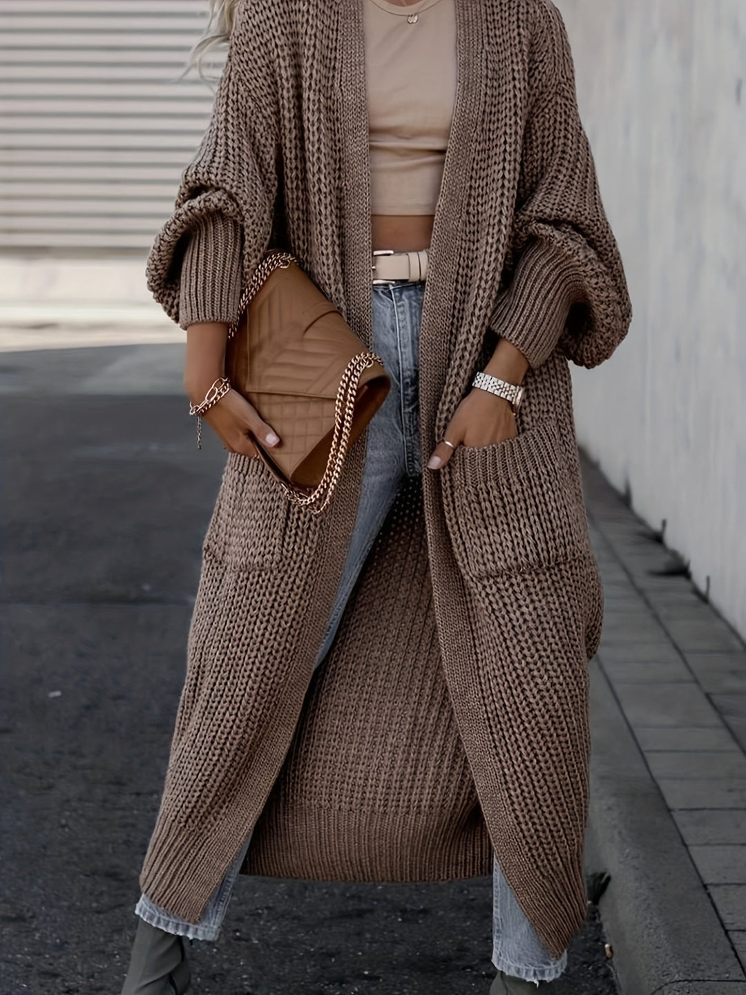 Women's Maxi Length Duster Cardigan with Pockets - Coffee