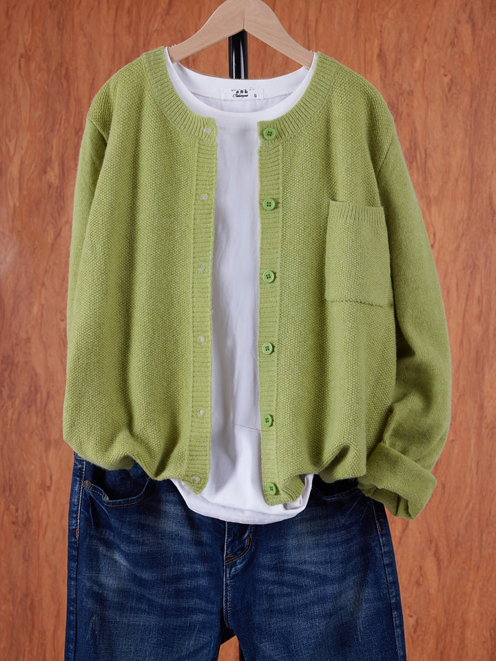 Women's Crew Neck Button Cardigan with Chest Pocket - Light Green