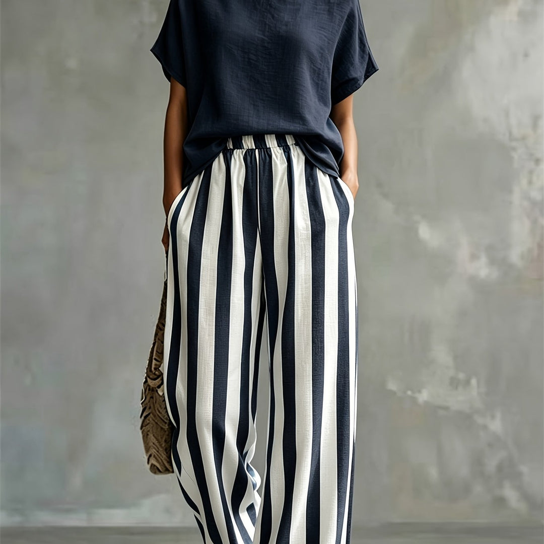 Striped Wide-Leg Two-Piece Set in Navy