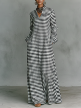 Women's Gingham Check V-Neck Long Sleeve Maxi Dress