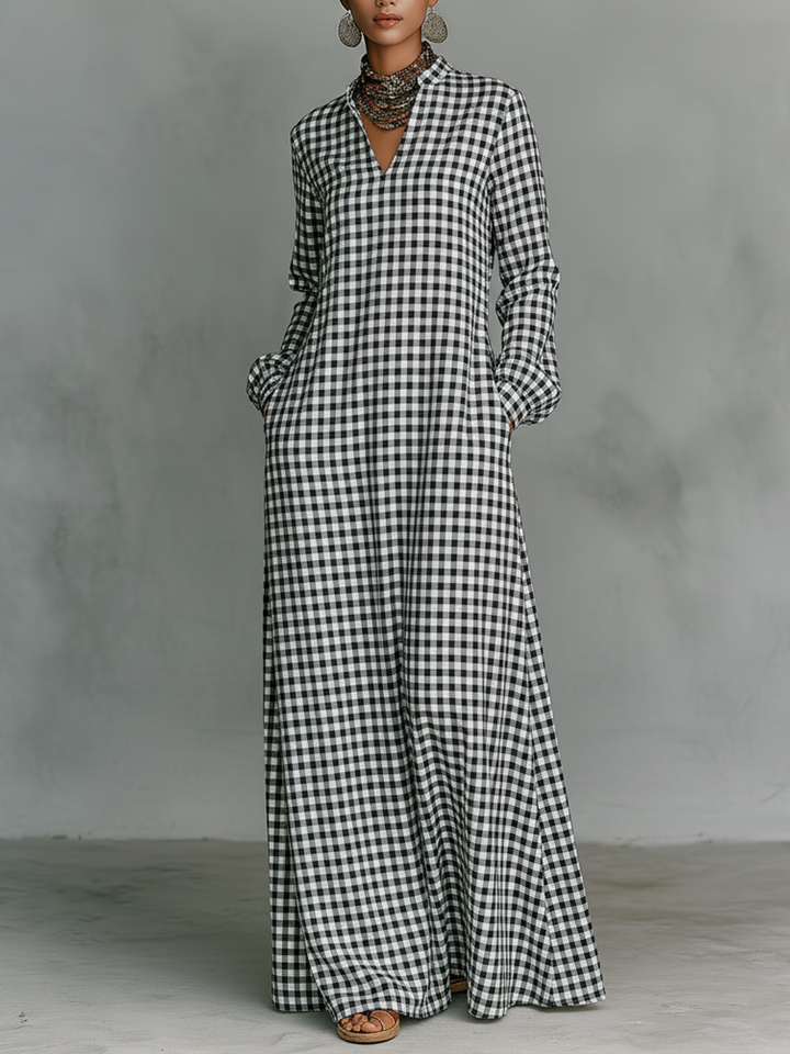 Women's gingham check V-neck long sleeve maxi dress, front