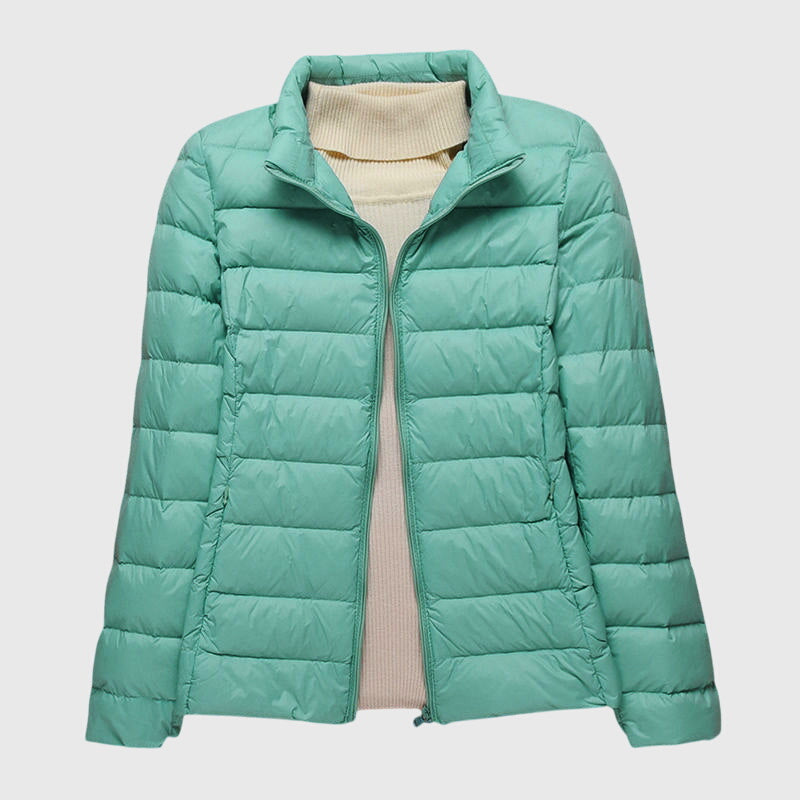 Women's Quilted Puffer Jacket - Turquoise Stand Collar