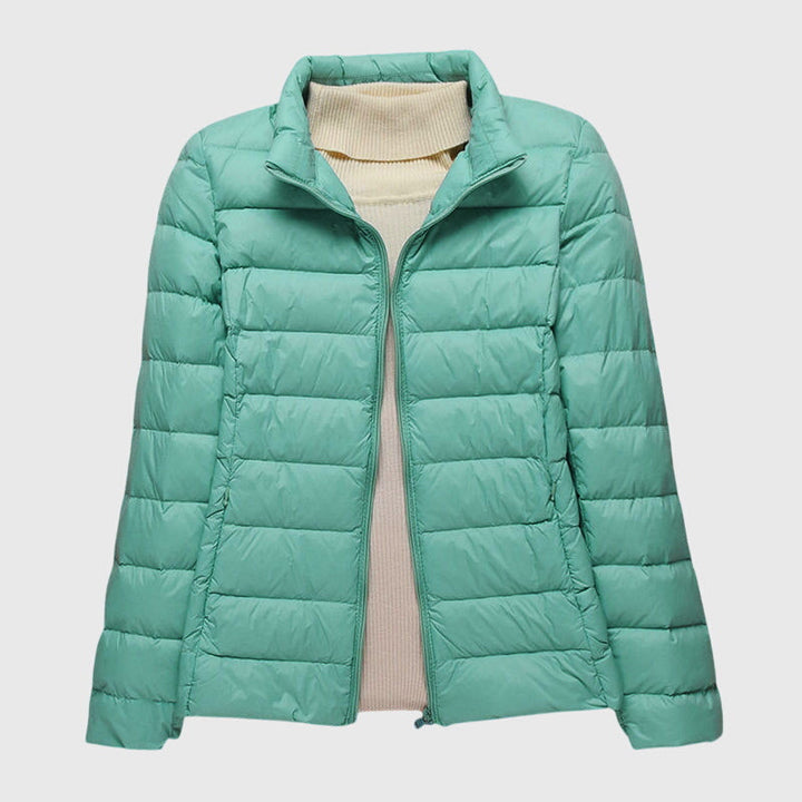 Women's Quilted Puffer Jacket - Turquoise Stand Collar