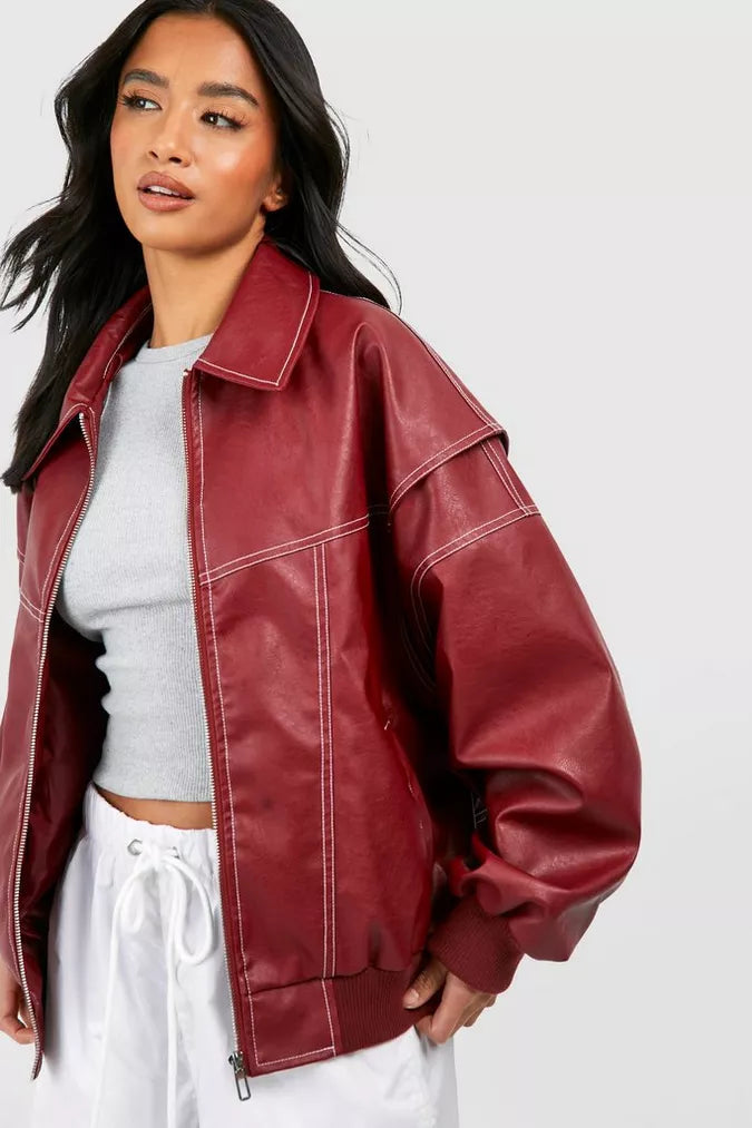 Women's oversized burgundy bomber jacket
