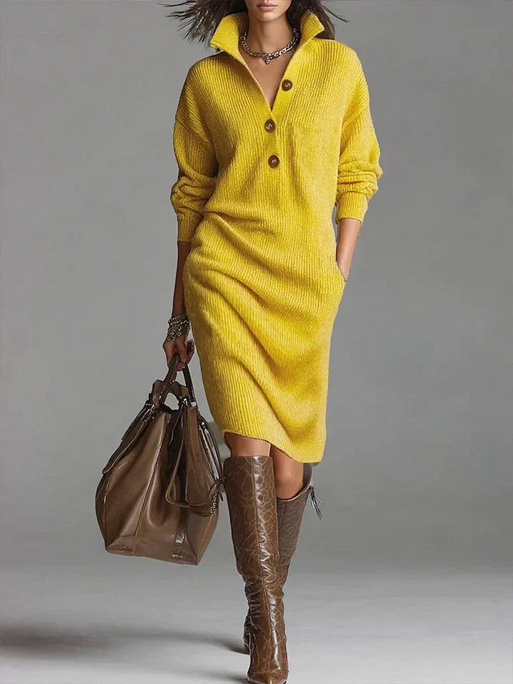 Ribbed knit button front midi dress in yellow