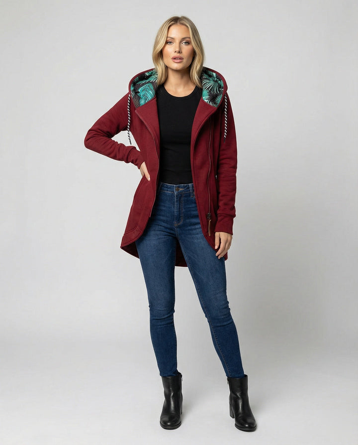 Women's hooded winter coat in wine red