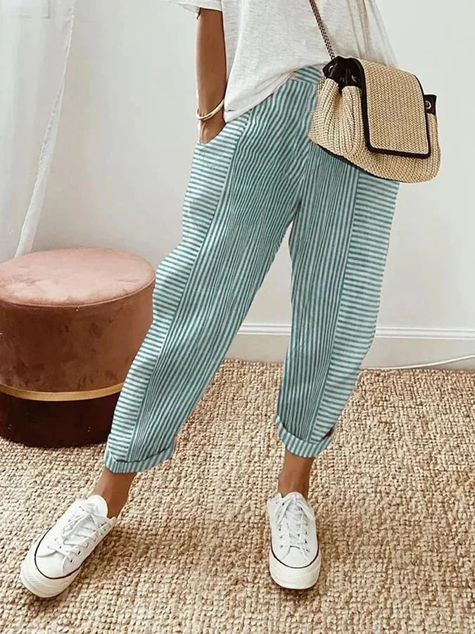 Women's striped straight leg pants in green