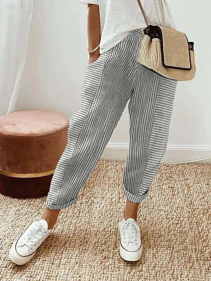 Women's striped straight leg pants in light grey