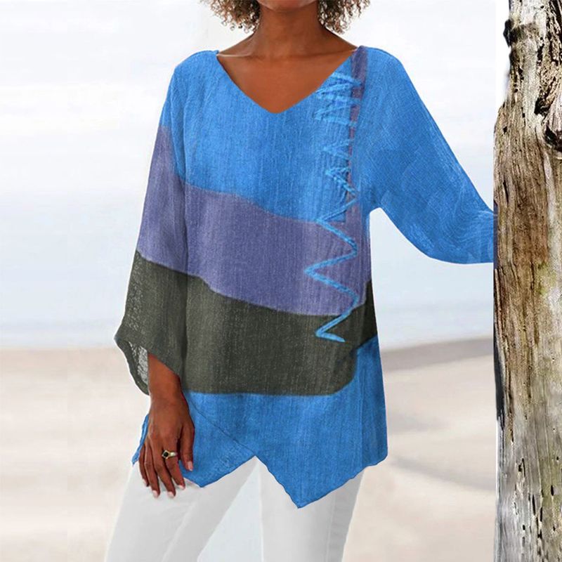 Artistic Brushstroke V-Neck Blouse - Blue