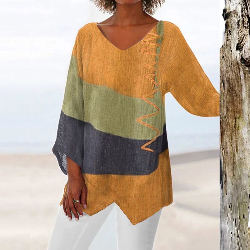 Artistic Brushstroke V-Neck Blouse - Yellow