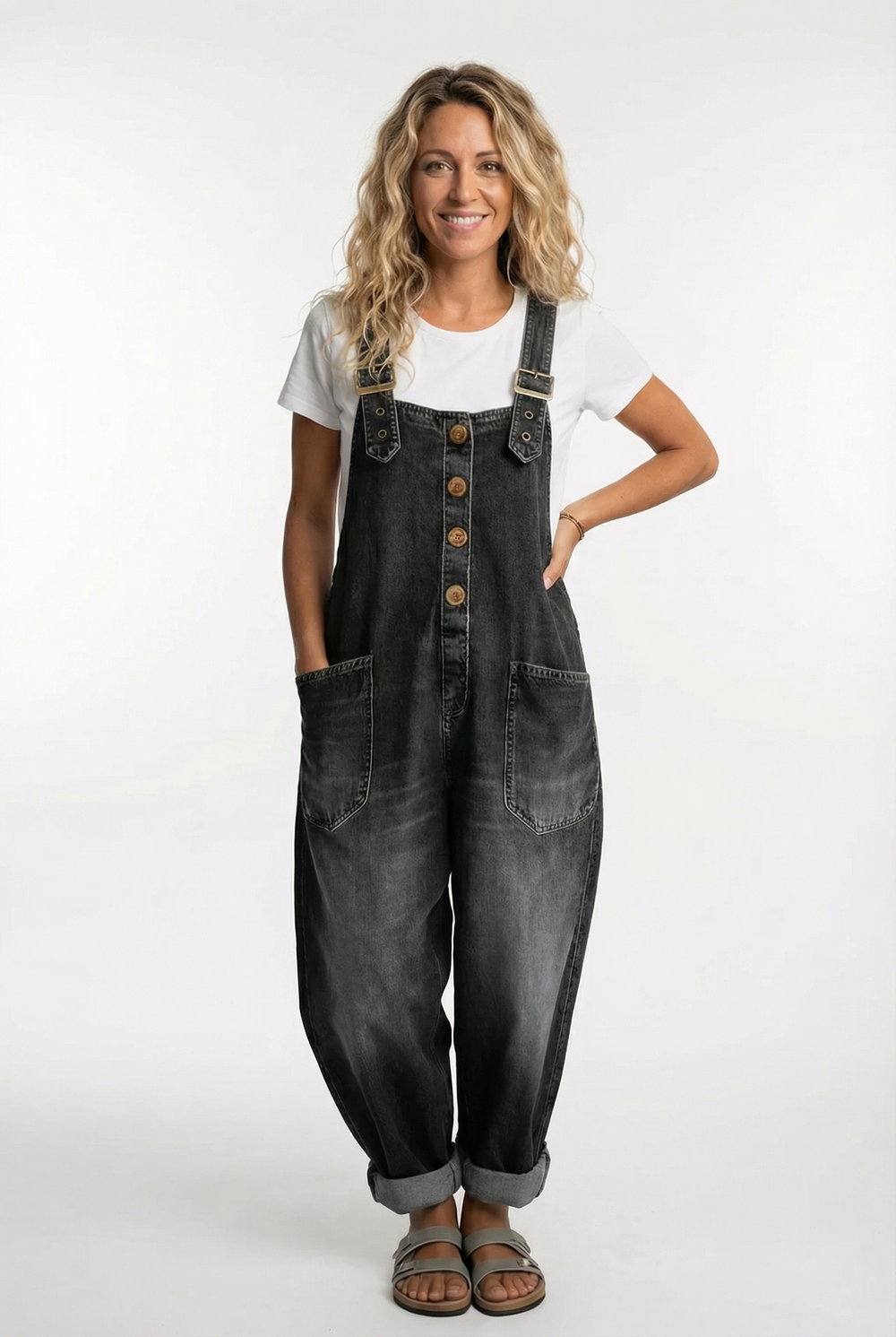 Black wide leg denim overalls women