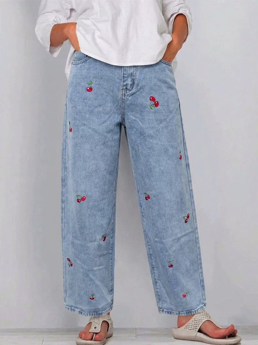 Women's cotton denim pants with patch pockets blue