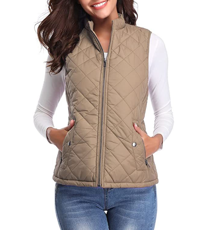 Zip-front lined puffer vest light coffee