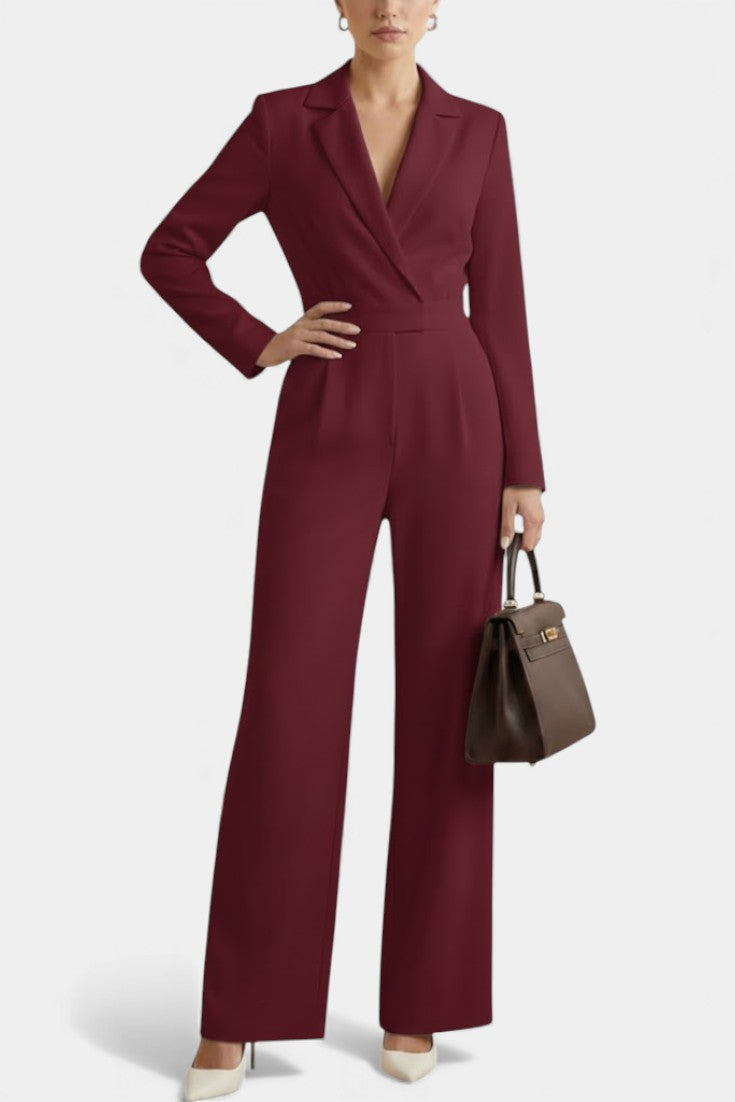Women's high waisted long sleeve jumpsuit with pockets in burgundy