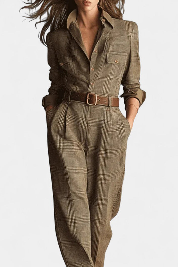 Women's brown check tweed belted wide leg jumpsuit, second view