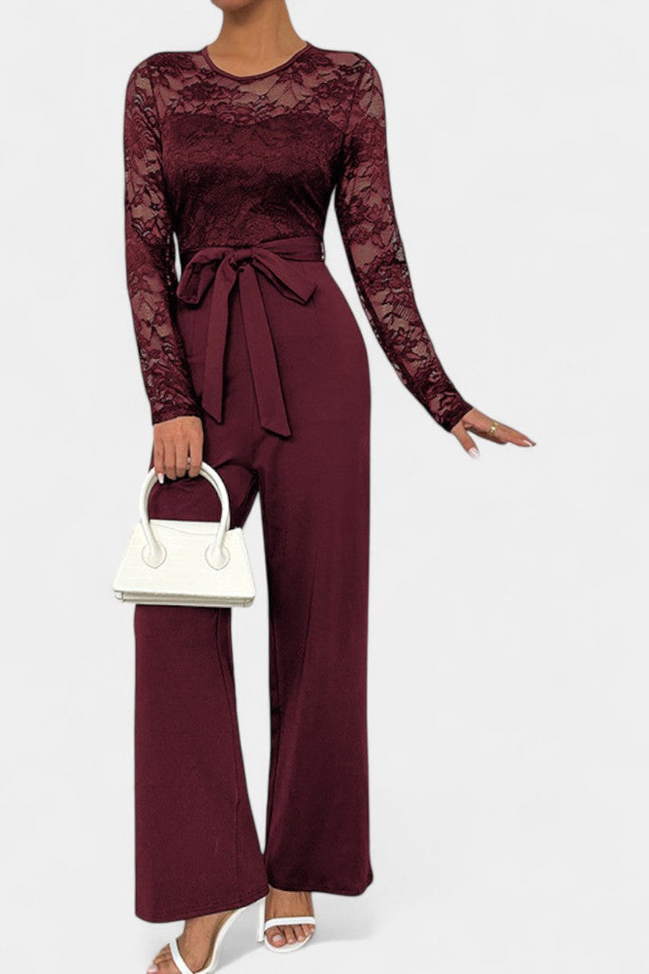 Women's lace bodice wide leg jumpsuit with tied waist in burgundy