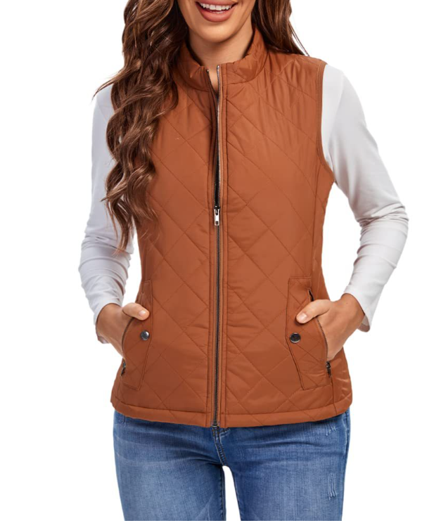 Zip-front lined puffer vest khaki