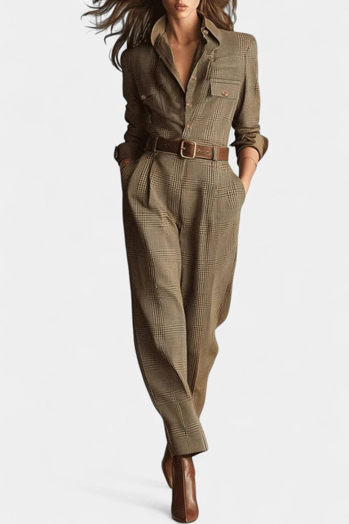 Women's brown check tweed belted wide leg jumpsuit