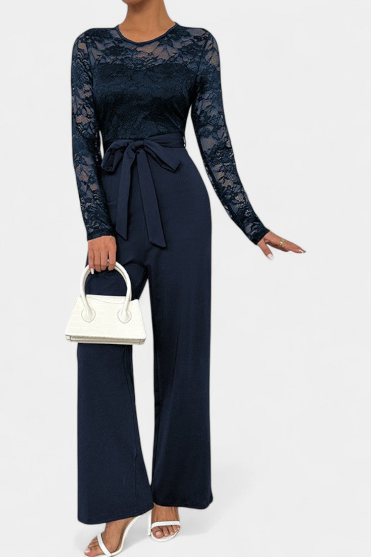 Women's lace bodice wide leg jumpsuit with tied waist in navy blue