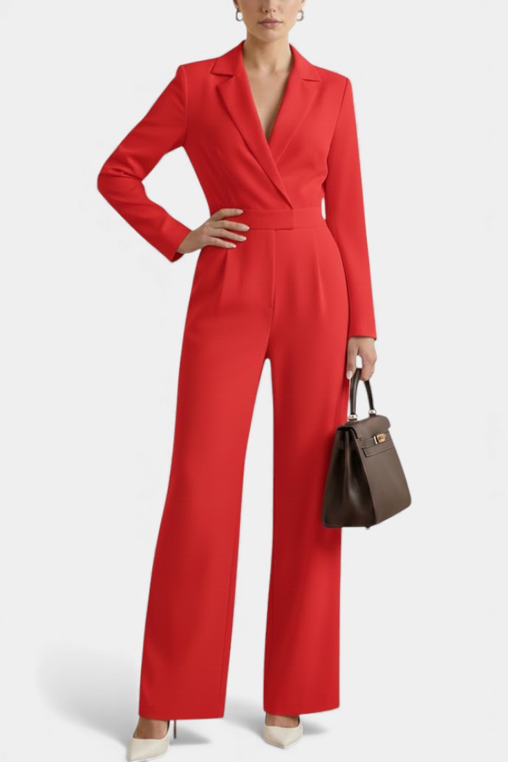 Women's high waisted long sleeve jumpsuit with pockets in red