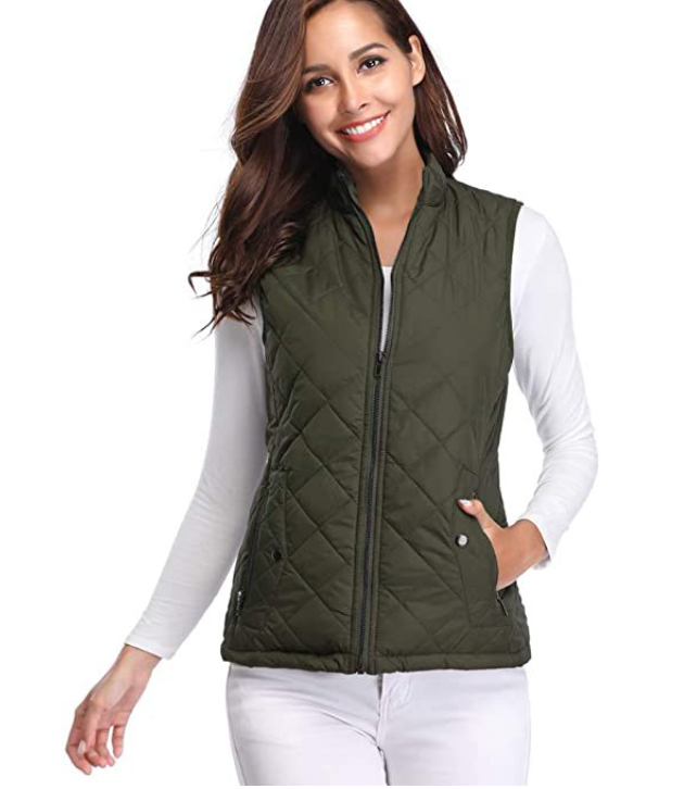 Zip-front lined puffer vest olive green