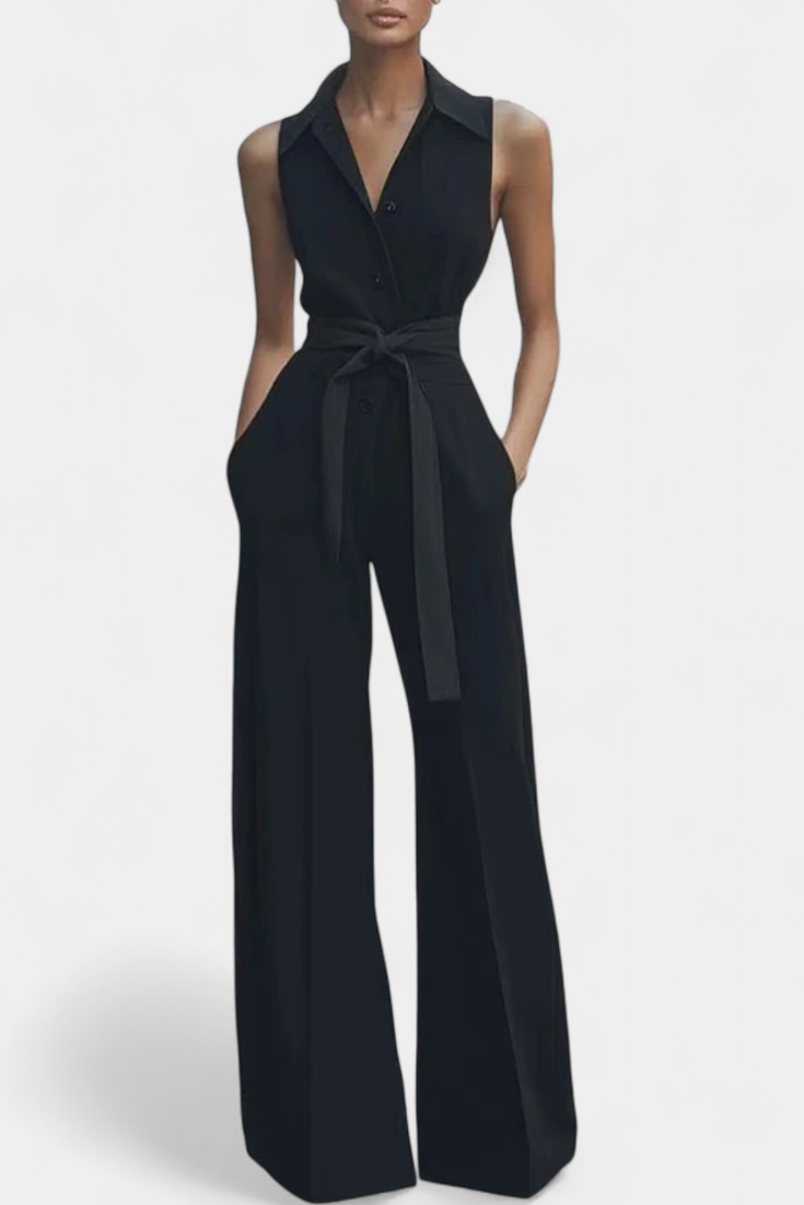 Women's sleeveless lapel collar wide leg jumpsuit in black
