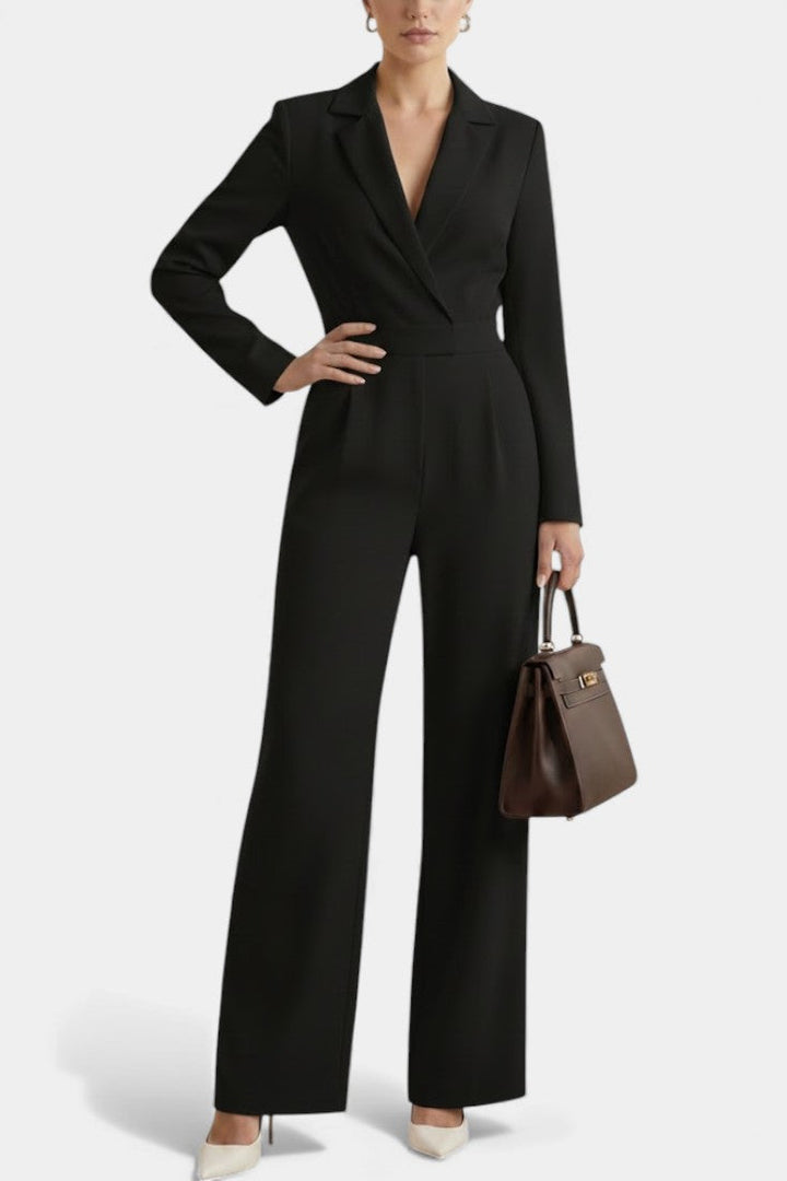 Women's high waisted long sleeve jumpsuit with pockets in black