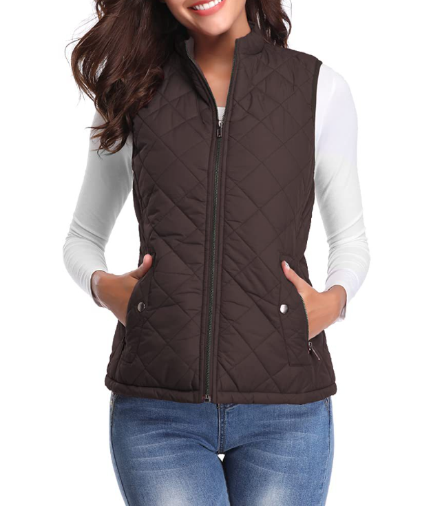 Zip-front lined puffer vest brown