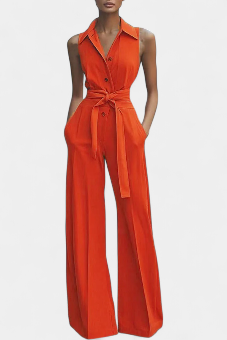 Women's sleeveless lapel collar wide leg jumpsuit in orange