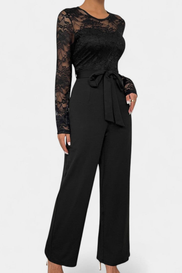 Women's lace bodice wide leg jumpsuit with tied waist in black