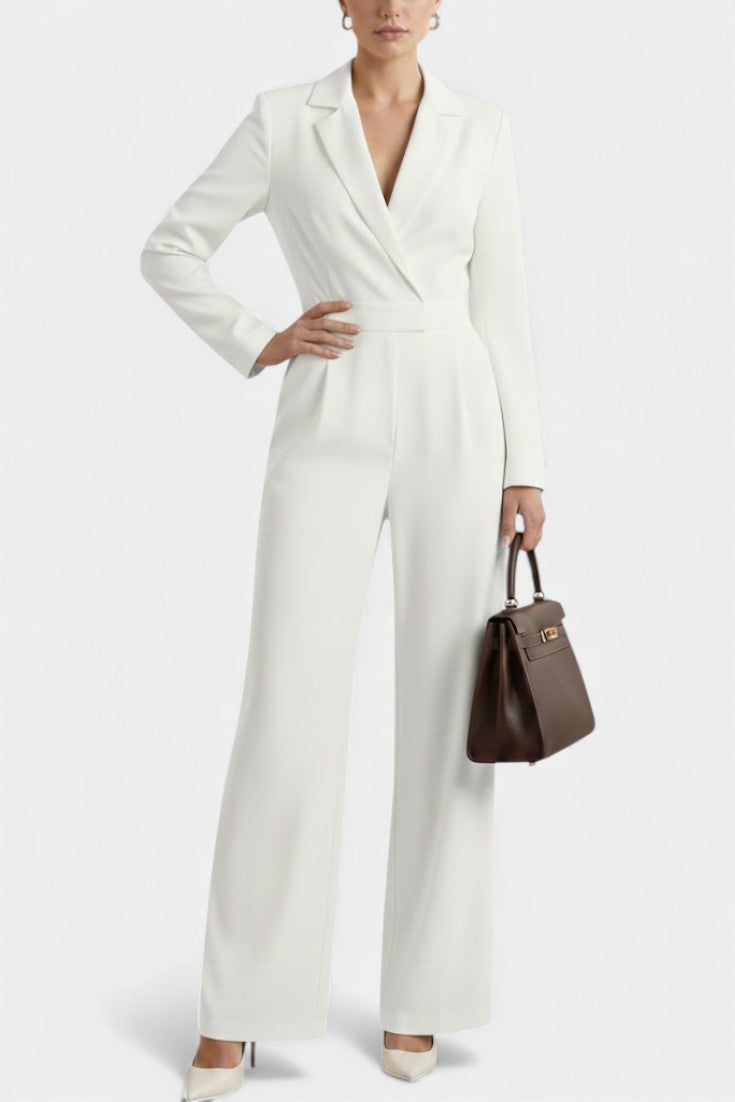 Women's high waisted long sleeve jumpsuit with pockets in white
