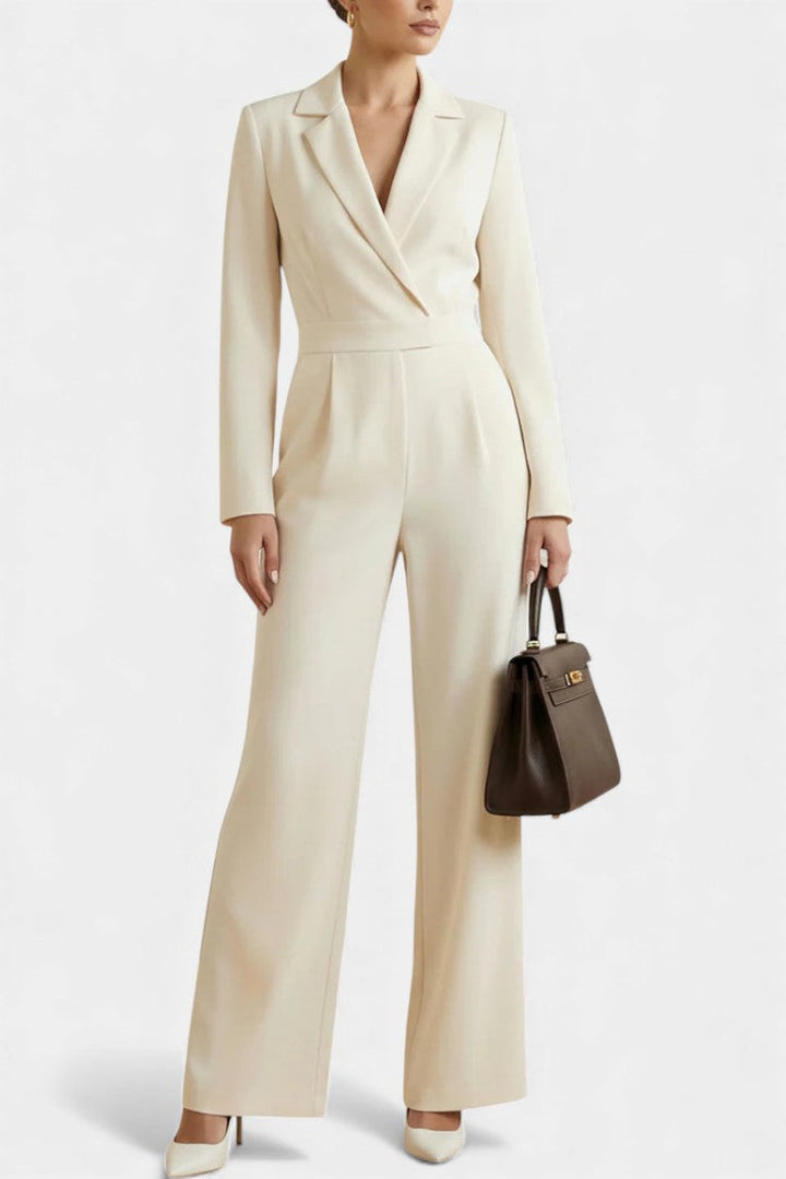 Women's high waisted long sleeve jumpsuit with pockets in off-white