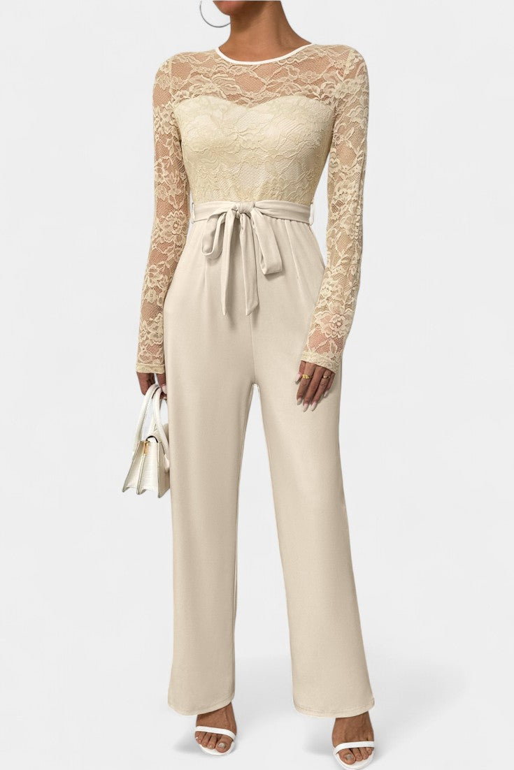Women's lace bodice wide leg jumpsuit with tied waist in apricot