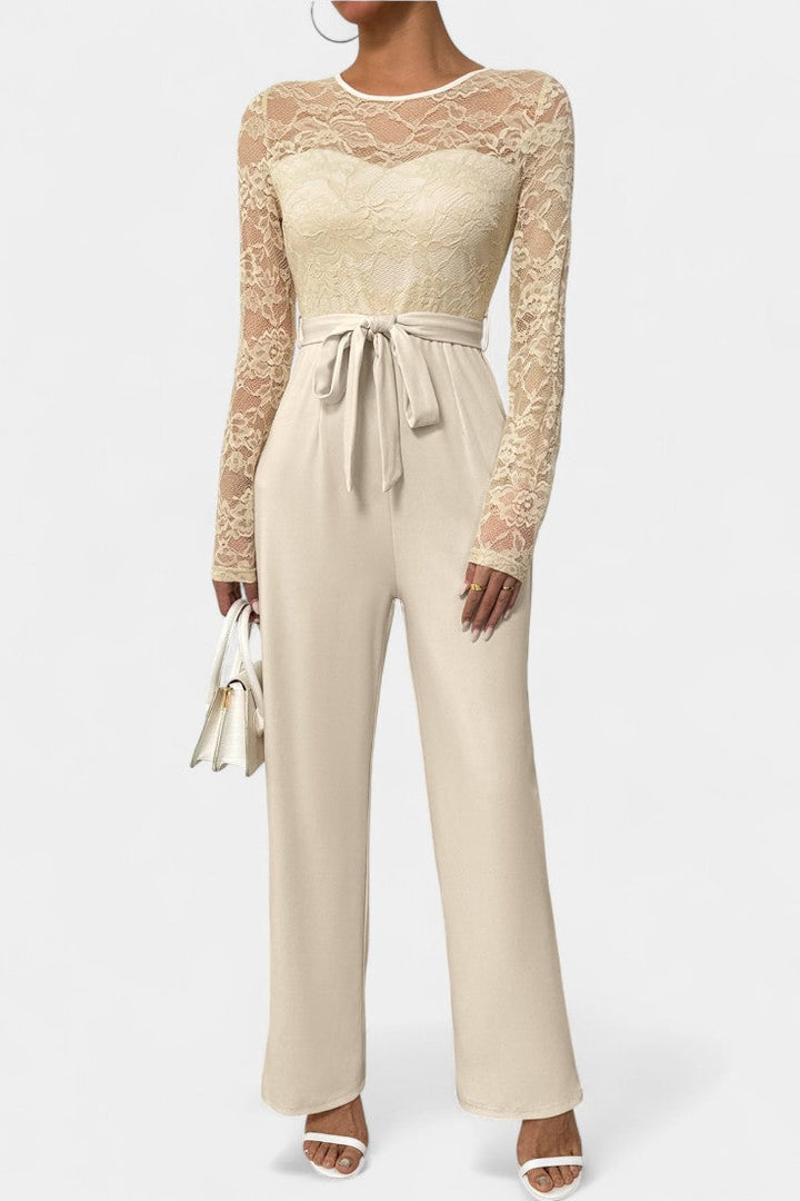 Women's lace bodice wide leg jumpsuit with tied waist in apricot