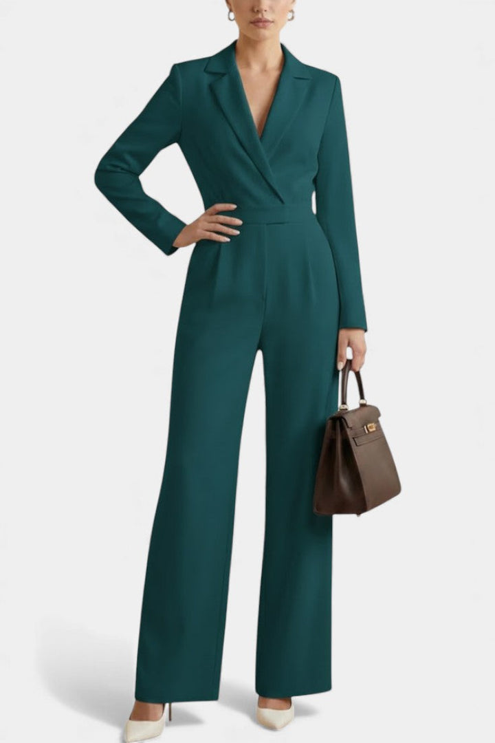 Women's high waisted long sleeve jumpsuit with pockets in green