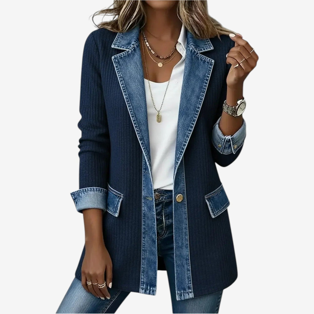 Colorblock Ribbed Denim Trim Jacket Navy Blue