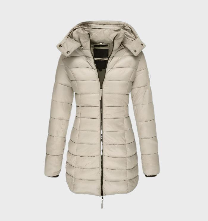 Beige long hooded coat with soft lining