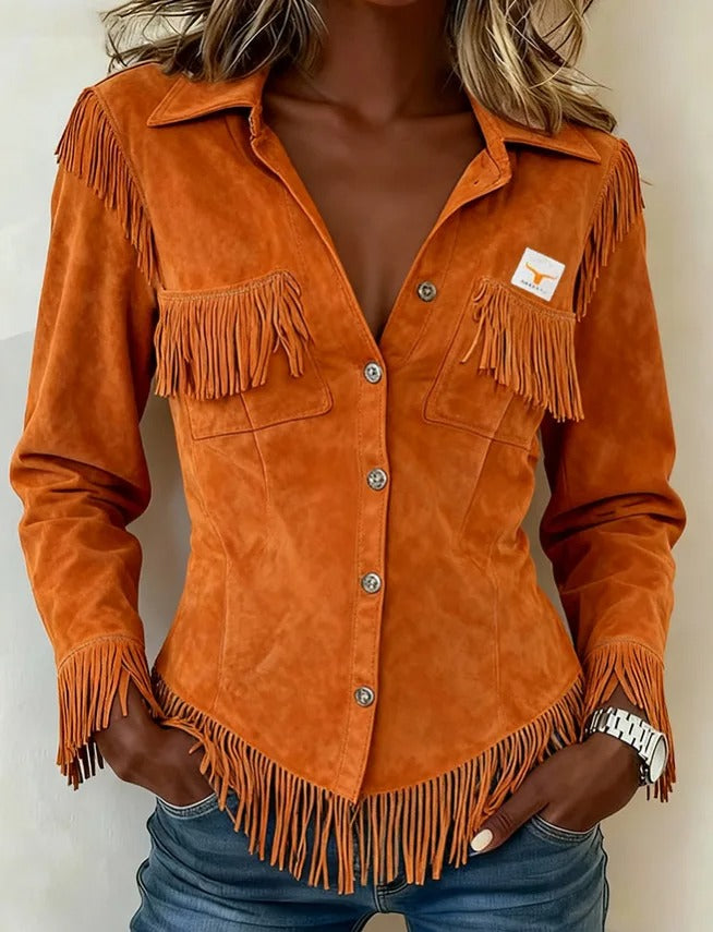 Fringe Suede Shirt Jacket in orange
