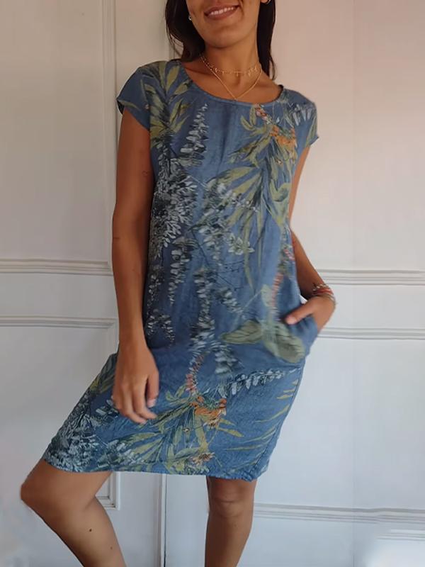 Comfortable Round-Neck Summer Dress - Blue