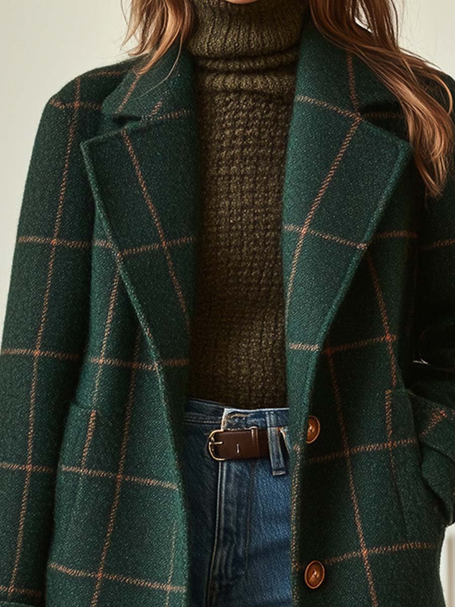 Women's retro tweed check lapel coat, detail