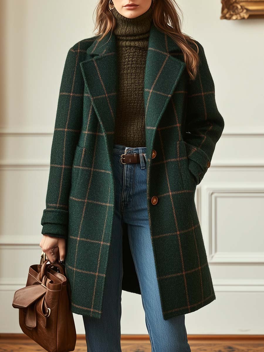 Women's retro tweed check lapel coat in dark green