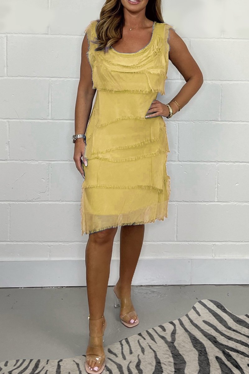 Fringe layered sleeveless midi dress in yellow