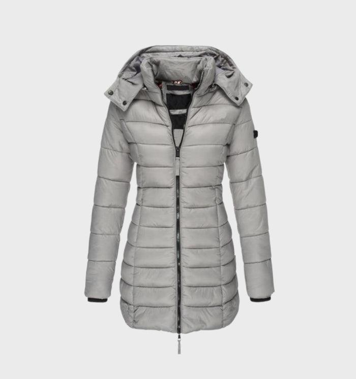 Grey long hooded coat with soft lining